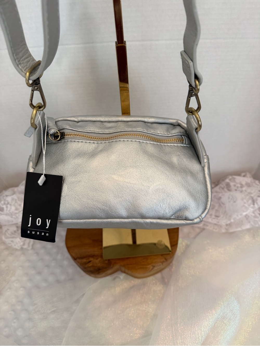 Joy Susan Silver Leather Kylie Double Zip Sling with Gold Hardware NWT